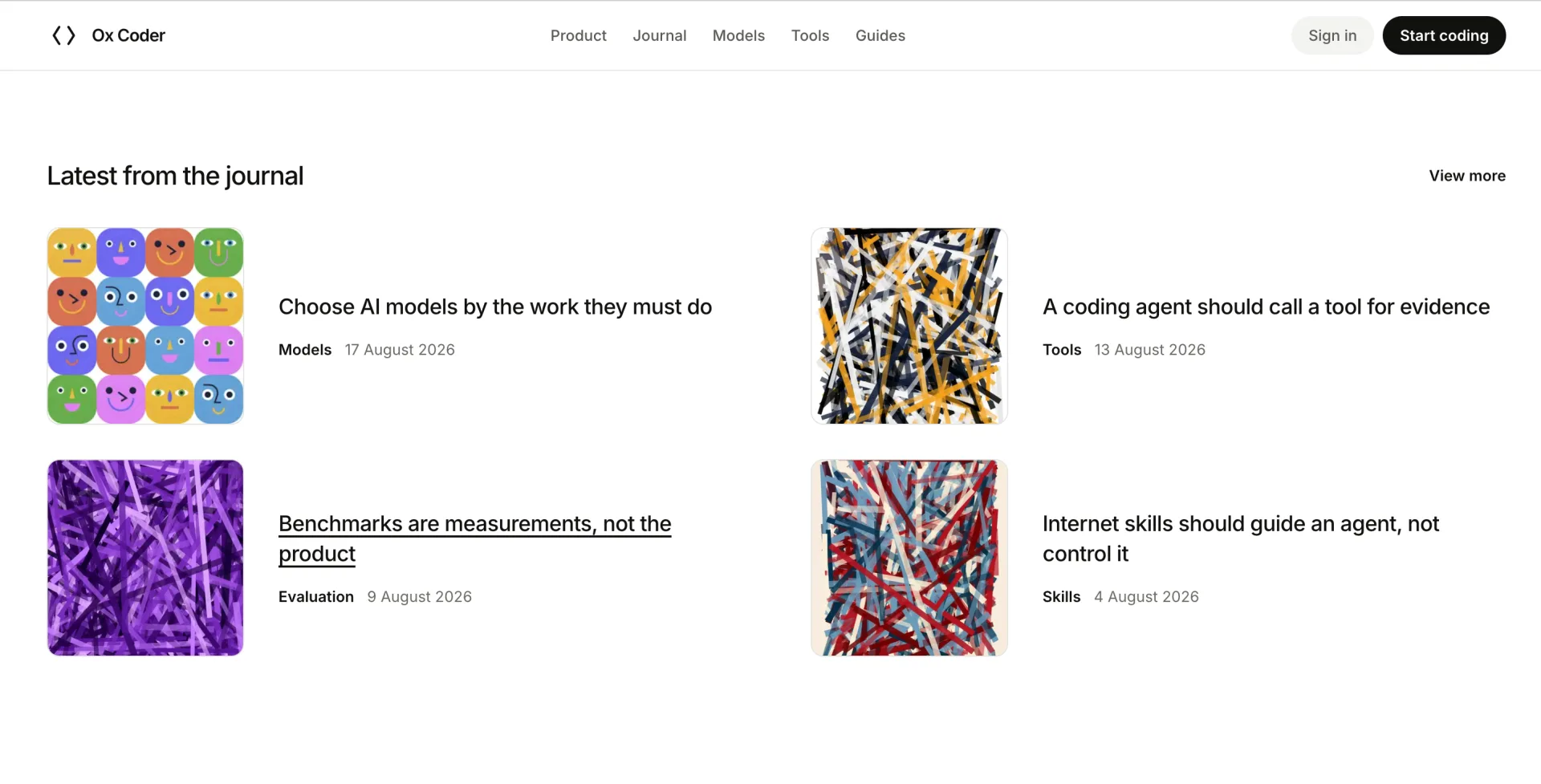 Ox Coder journal index showing technical articles about models, tools, evaluation, and skills