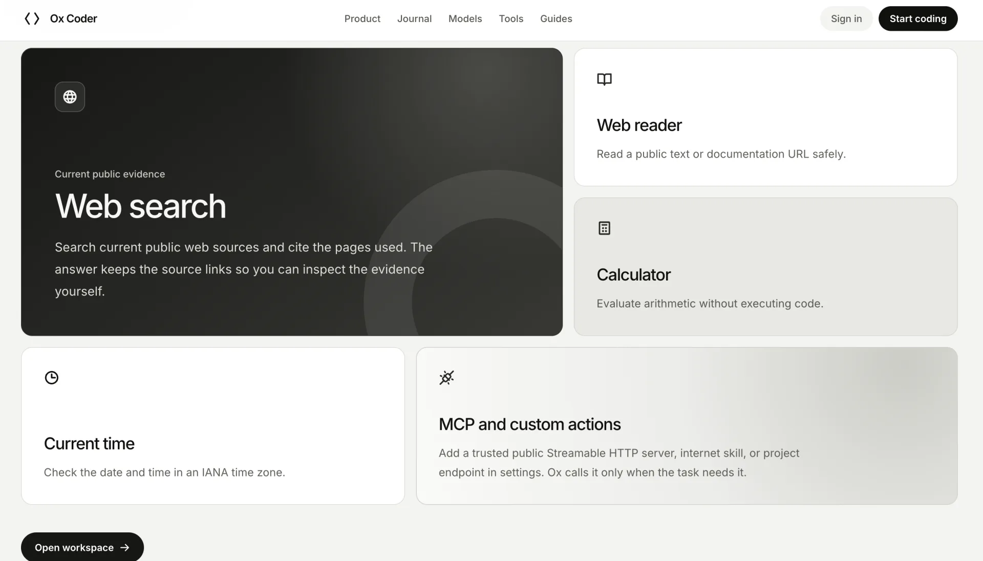 Ox Coder tools overview with web search, web reader, calculator, current time, MCP, and custom actions